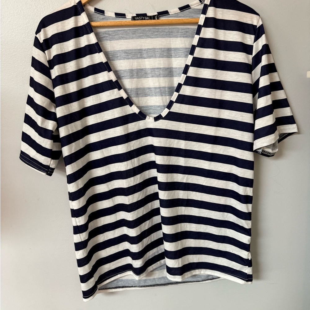 Nasty Gal Navy and White Striped V-Neck Tee